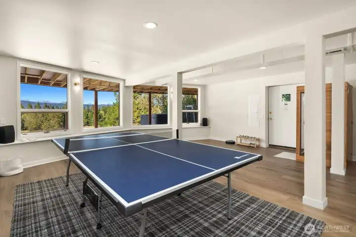 High ceilings and open play area in lower level.