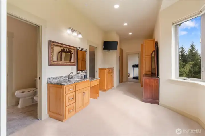 "Her" dressing room. Toilet & Bidet to left, 2nd door on left is step in tile shower, the next opening is the closet. At the back you can see the door to the workout/flex room. Built in cabinets, mounted TV....and that view again.