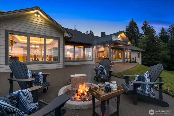 A look the other way with a cozy fire and the house in the backdrop.
