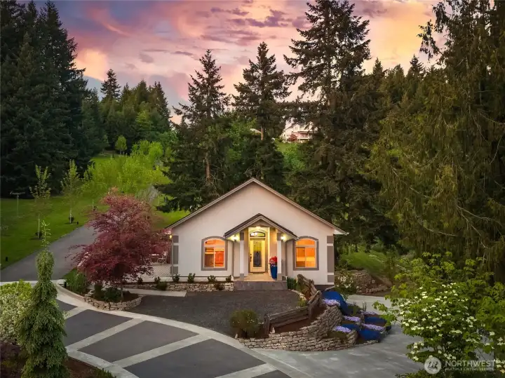 Front view of "The Lodge". 600' square foot with one bedroom, one bath and a full kitchen and eating bar.