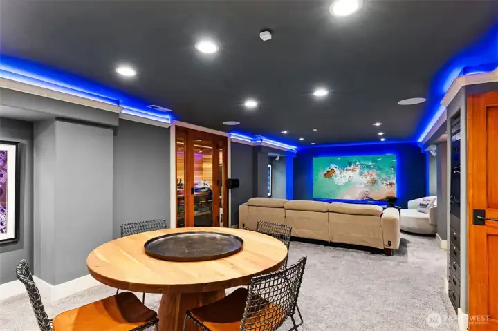 LED color adjustable mood lighting overhead and around tv. Cedar-lined wine storage room.