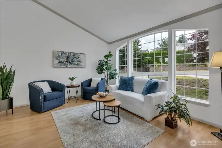 Living room with large picture windows.