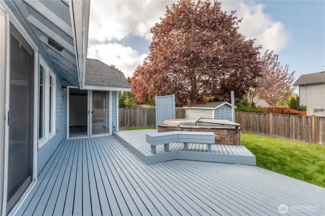 Backyard deck with view to Primary bedroom sliding door.