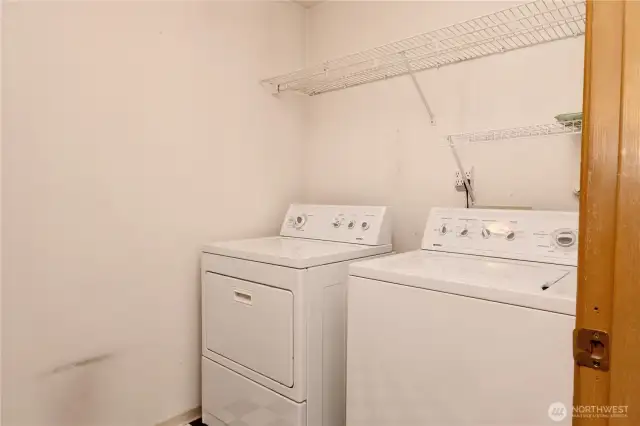 Laundry room and shelves.
