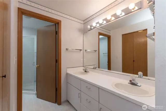 Primary bathroom with double sinks.