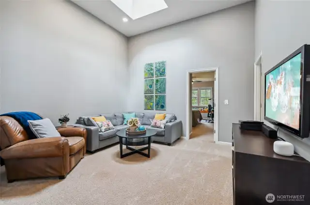 Upstairs loft room with vaulted ceilings and a skylight for gaming, movie watching, hanging out with friends. There is also a secret room located in this space . . .