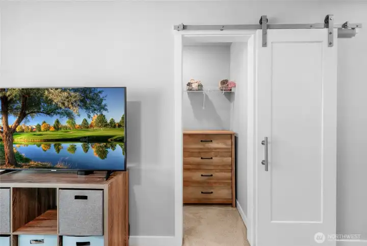 Walk-in closet in primary bedroom.