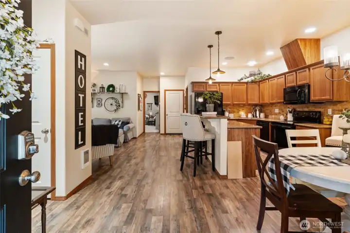 Kitchen, dining area and living space is very open.