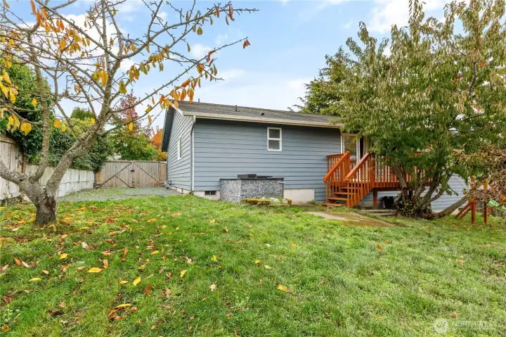 Backyard has nice gravel utility area, Built in BBQ and wonderful cherry, pear and Asian pear trees