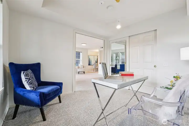 Pocket doors can be left open to create a combined space with living room