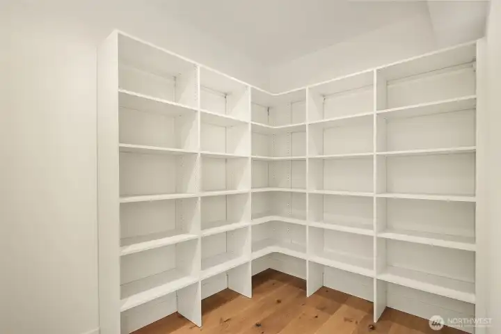 Fantastic walk-in pantry with counter space and tons of extra shelf storage