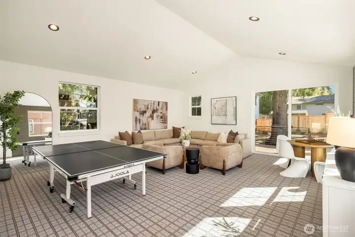 Fantastic rec room leading to back deck and yard