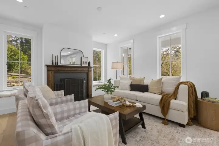 One-of-a-kind walnut mantel made from a tree sourced right on the property.