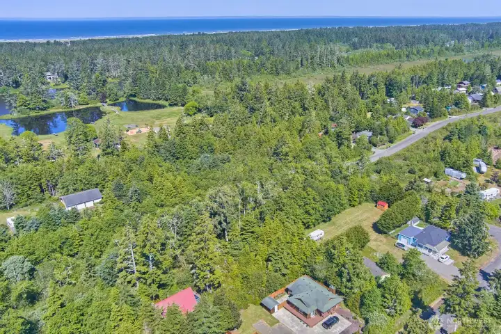 Aerial view showing the very north end of Loomis Lake with the Pacific Ocean beyond.