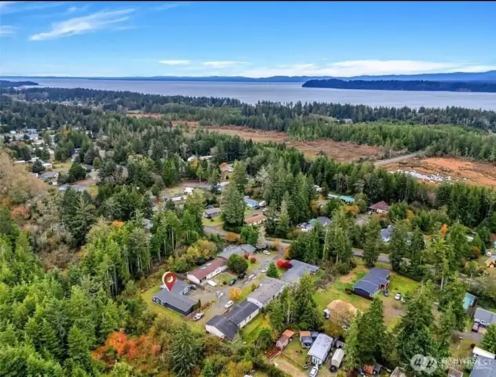 Aerial view of the house with Willapa Bay and Long Island to the east.