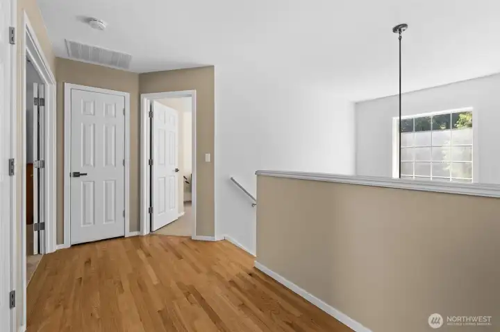 Spacious upstairs hallway with abundant natural light and access to the surrounding bedrooms. Spacious upstairs hallway with abundant natural light and access to the surrounding bedrooms.