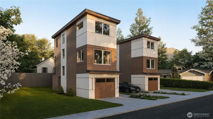 Rendering showing Unit B in front, from NW. Alley side.
