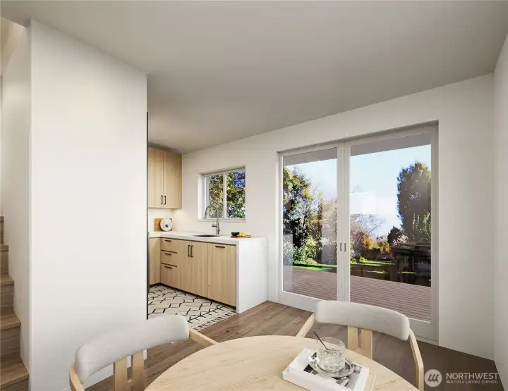 artistic rendering of future dining room with adjoining deck for entertaining
