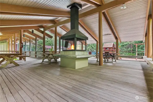 The Clubhouse Gazebo has a covered fireplace, electrical outlets, picnic tables and an overhead light and is used for meetings and events. The playground and pool are just steps away.