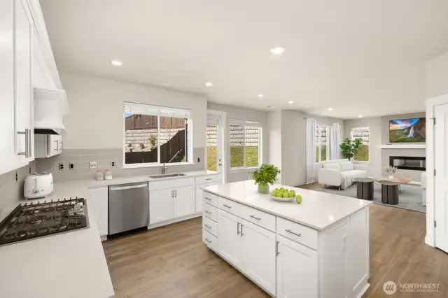 Thoughtfully designed, the spacious kitchen is a chef's delight, featuring ample storage, cupboard, counter space. Handy pantry, 5 burner gas stove and versatile center island for you and yours.                        virtually staged