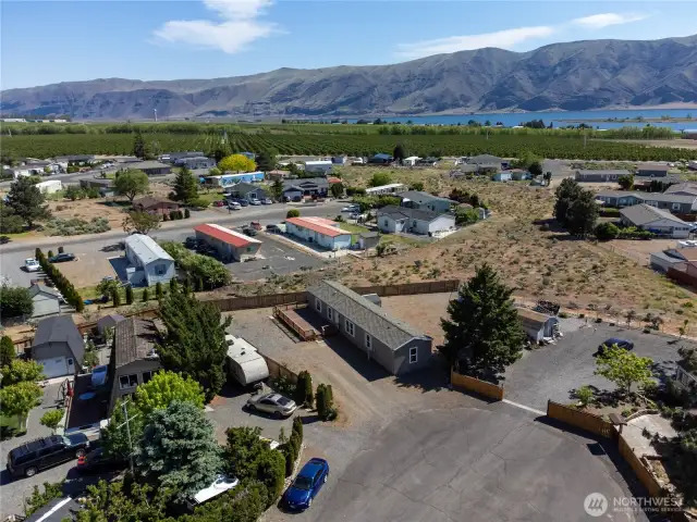 Aerial view of home on cul-de-sac.