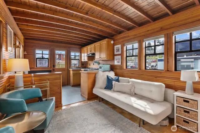 Beautiful barrel ceiling with nice separation between living and dining spaces.