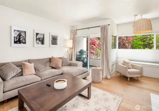 Living room with deck and view to Woodland Park