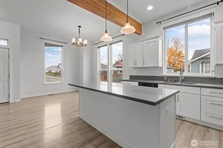 Kitchen island and dining area.