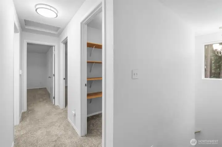 Walk-in hall closet with generous shelving