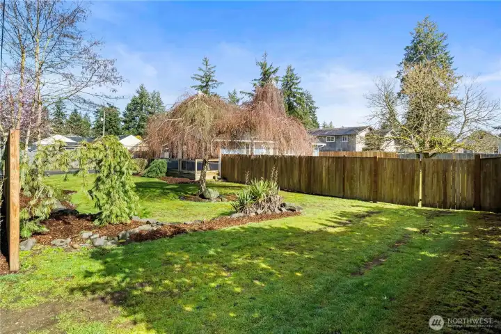 The backyard is fully fenced and features drive-through gates on both sides.