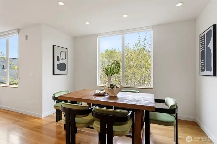 The dining room has an architectural bump out for an urban treehouse feeling.