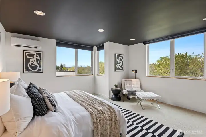 2 picture windows grace the primary bedroom with one looking over the peaceful greenbelt.  The primary bedroom has black-out shades.