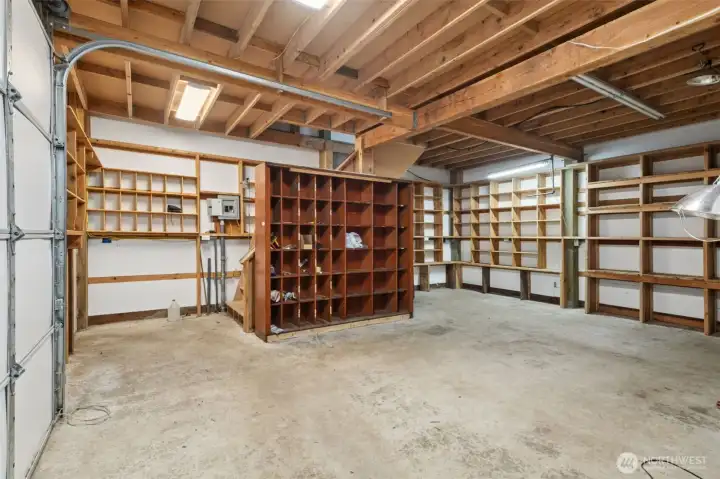 This shop features built-in storage and work areas.