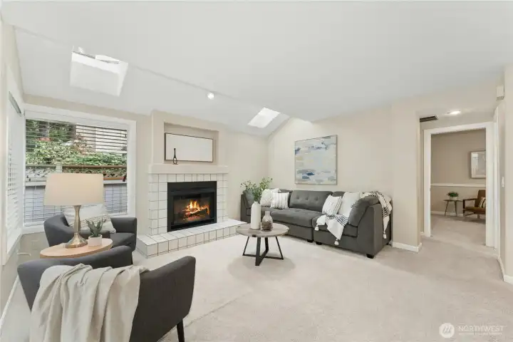 Cozy Informal Family room w fireplace and skylights