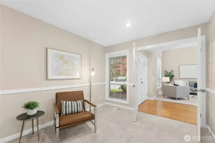 Office leads to entry through French doors