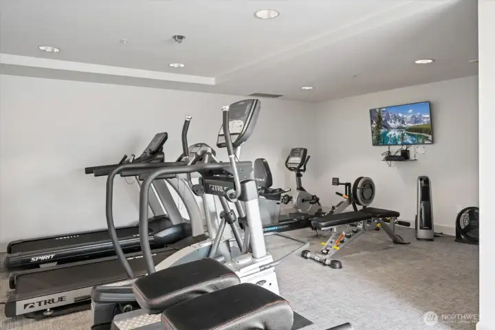 Well appointed gym with machines & free weights
