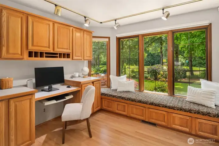Home office with built in cabinetry and filing systems. Home office with built in cabinetry and filing systems.