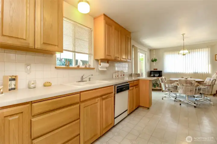 Kitchen looks out to yard, plenty of cabinets