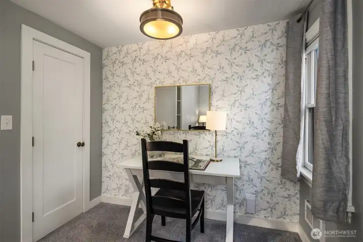 Second upstairs bedroom-desk area. Feature wall with wallpaper to add that bit of pizazz and class. Second upstairs bedroom-desk area. Feature wall with wallpaper to add that bit of pizazz and class.
