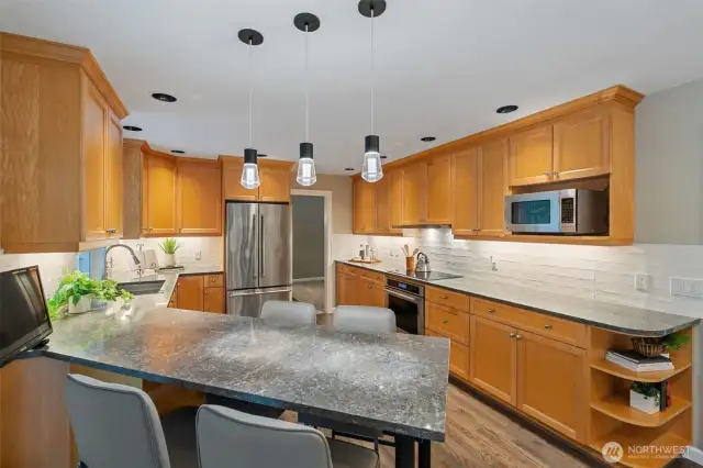 Spacious kitchen island for cooking and gathering.