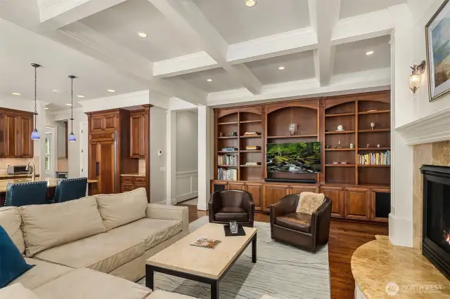 Family room with built in media center and bookcases