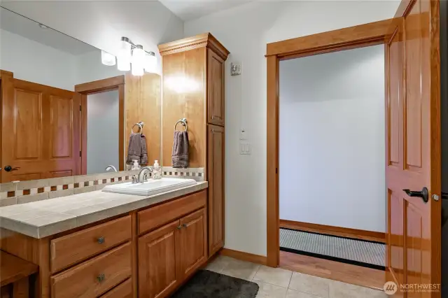 Bathroom with linen closet.