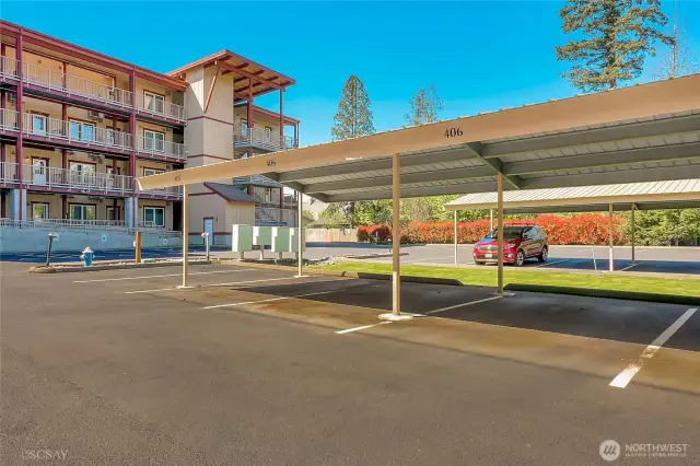 Exterior back/assigned covered parking.