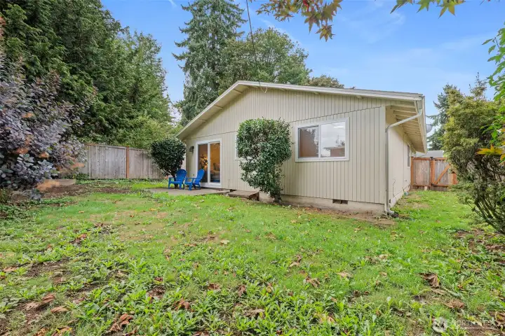 Large fenced backyard with open green space.