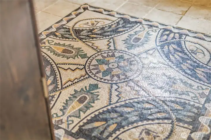 Tile mosaic on laundry floor