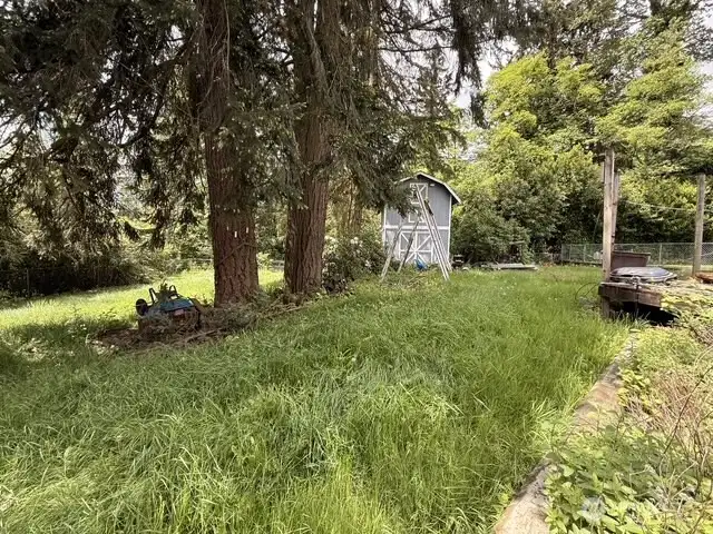 Large yard with storage shed.
