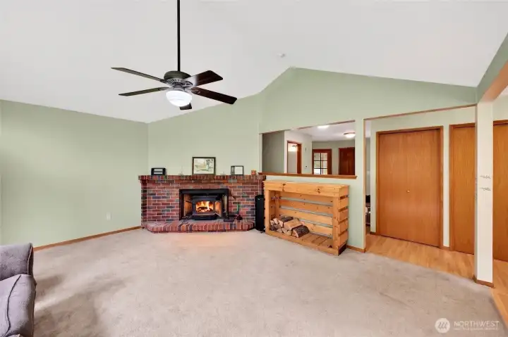 Den with wood burning stove