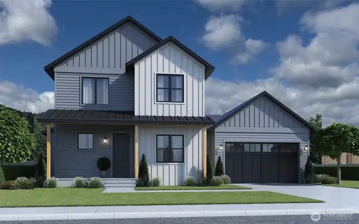 Rendering of planned 2,100 sf 4 bed 3 bath house Rendering of planned 2,100 sf 4 bed 3 bath house