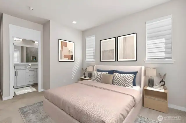 Virtual staging.  Primary bedroom with King sized bed.