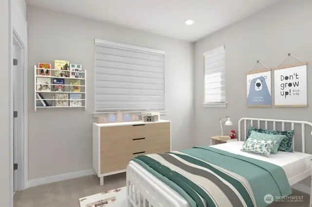 Virtual staging.  Large secondary bedroom on top floor with private en suite 3/4 bath.